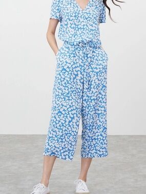 Joules Celine Floral Culotte Jumpsuit. Sz. 10. Blue/White Drawstring Drapy Flowy